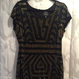 Adrianna Papell Navy and Gold Sequin Sheath Dress
